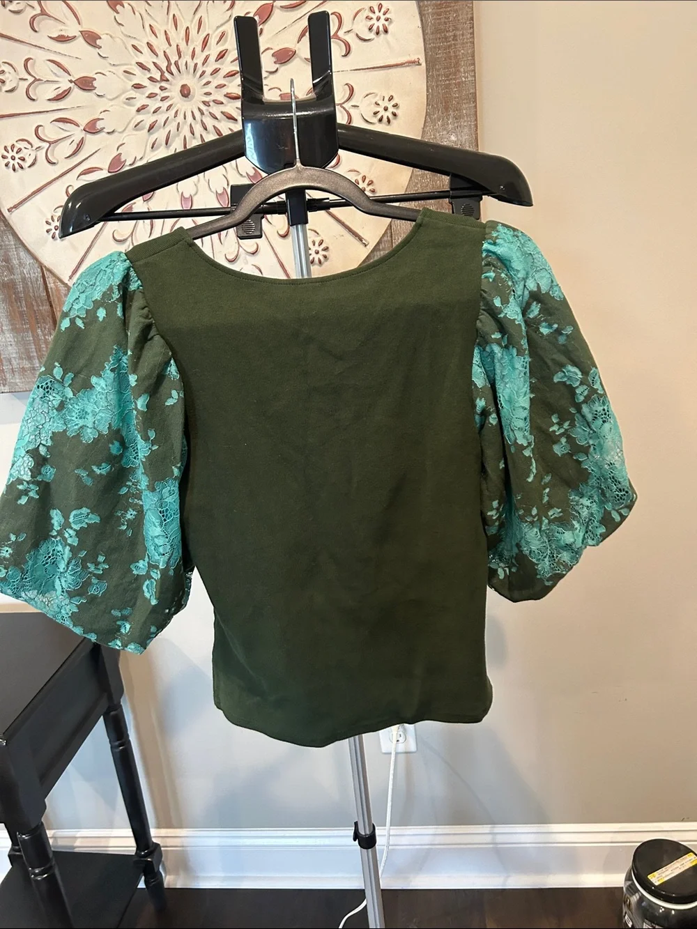 Anthropologie Dark Green Top with Teal Lace Puff Sleeves - Picture 2 of 2